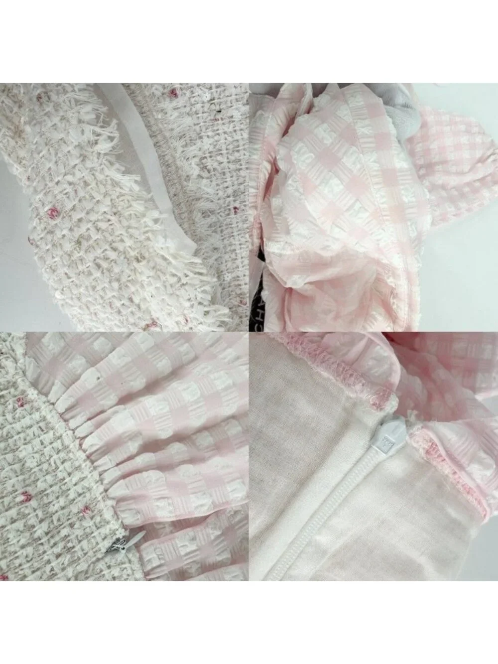 Chanel Dress Tweed Check Coco Button Sequin 38 Pink White Spring Summer Autumn